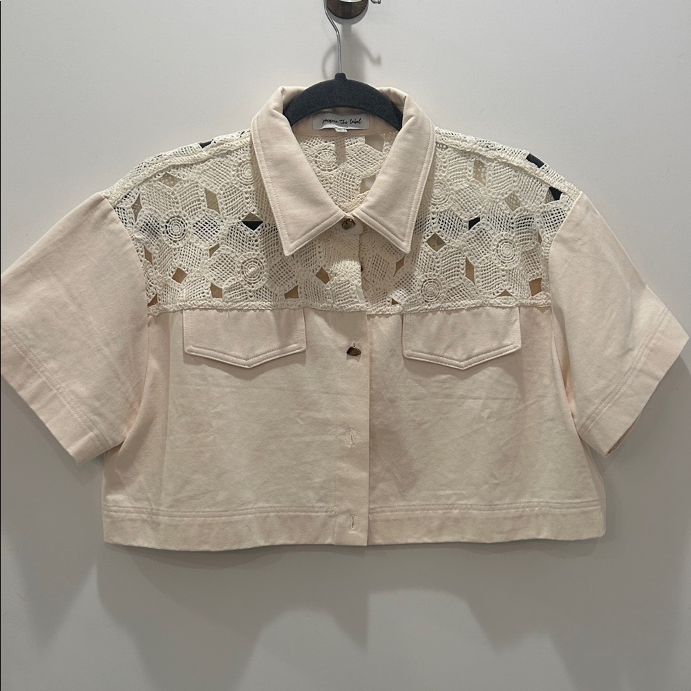 Jacqui E Cream Crochet Yoke Crop Top